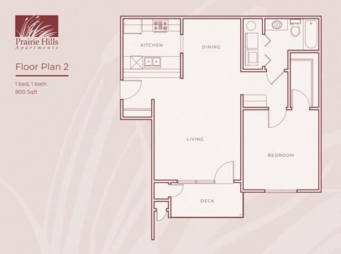 Floor plan for 1 bed, 1 bath, 800 sqft
